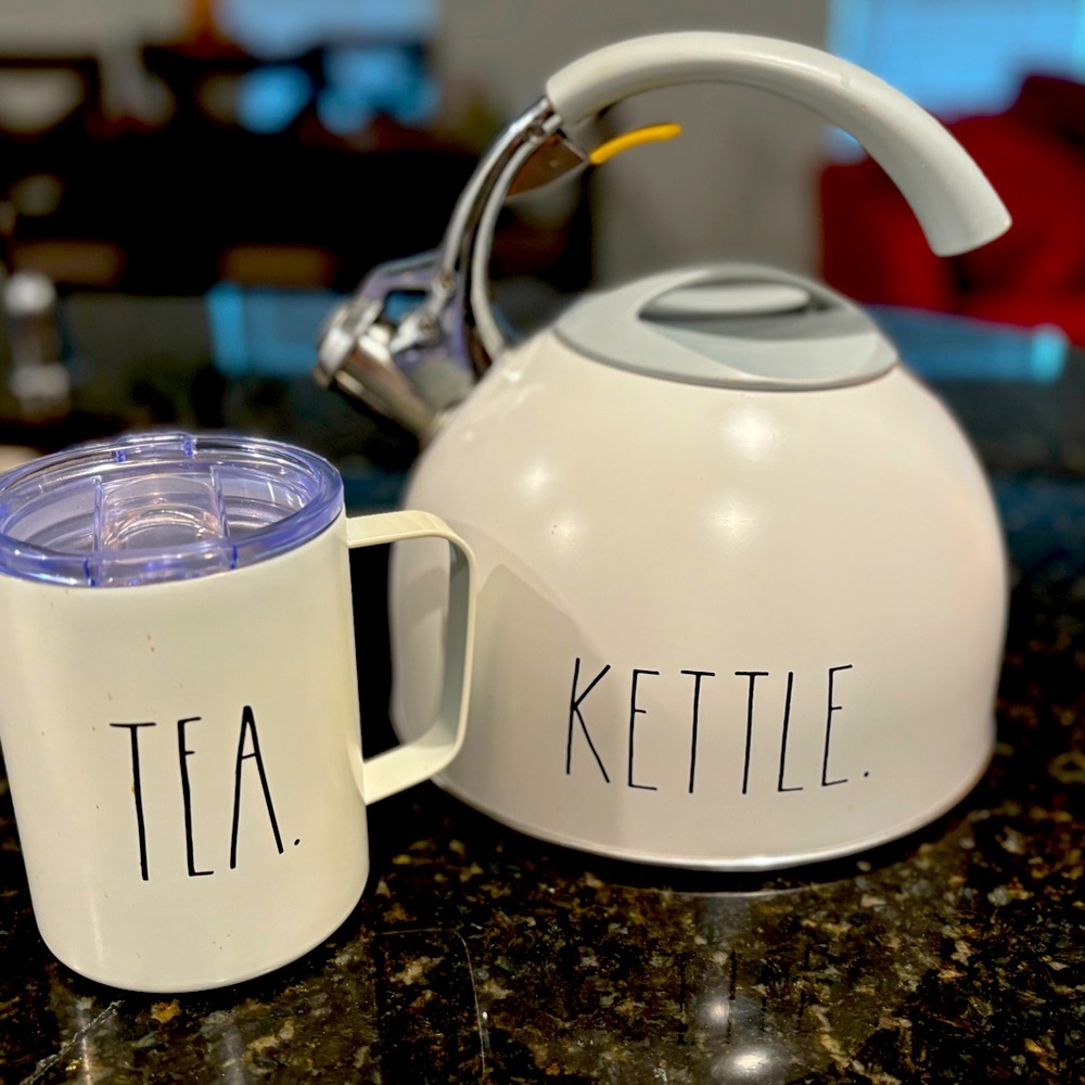 Rae Dunn insulated tin TEA cup and kettle.